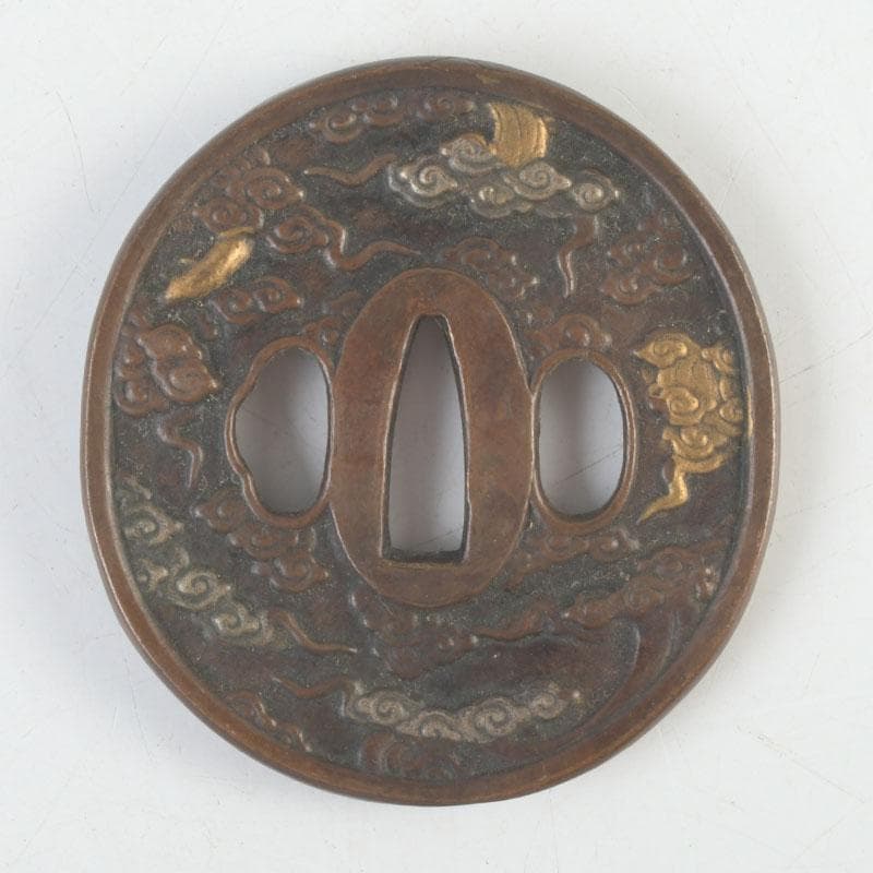 武具　刀装具　古銅　雲龍紋鍔　時代箱　C　9456