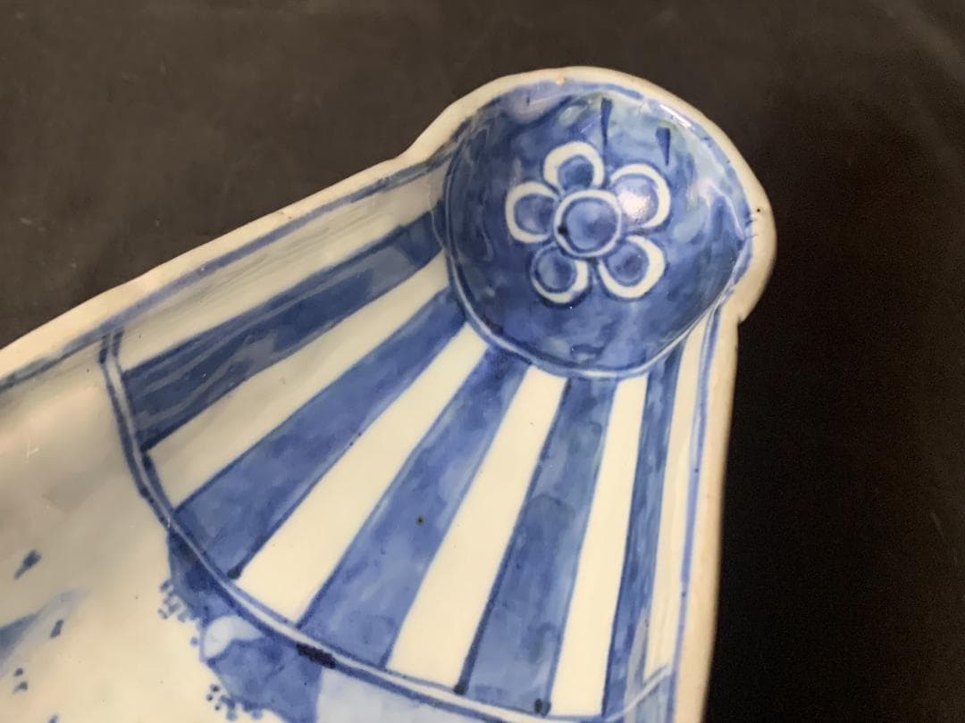 明代 古染付 青花 山水図 半開扇皿 扇鉢 中国古玩 唐物 878