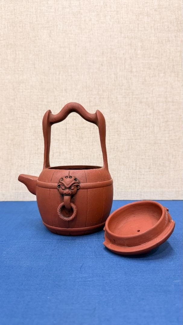 【在銘】紫砂 提梁壺｜獅子面環装・古作風合｜一点物 幅約12・高さ約17