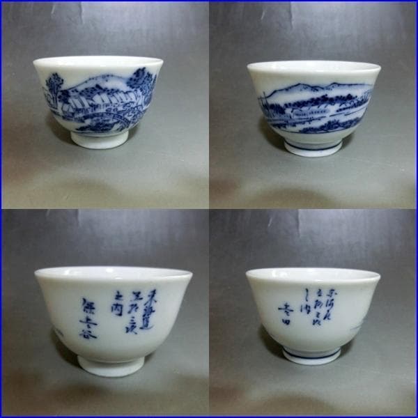 煎茶器セット■染付絵変わり煎茶道具 東海道五十三次 横手急須 煎茶碗 湯冷まし■