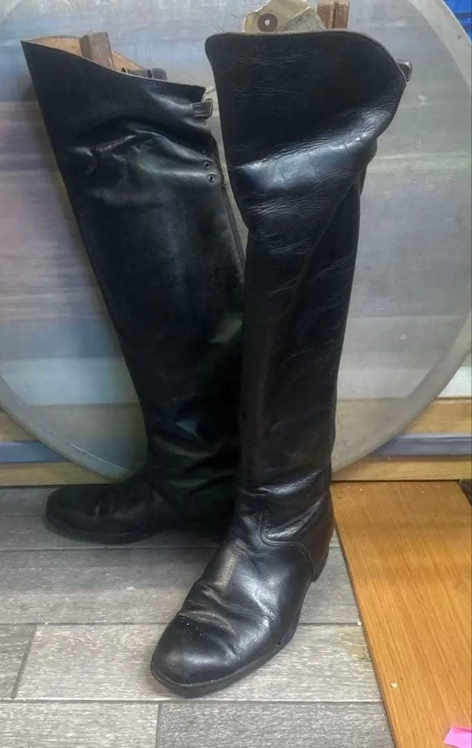総革ロングブーツ木製キーパー付民族資料館保管品レトロアンティーク革靴 乗馬海軍型