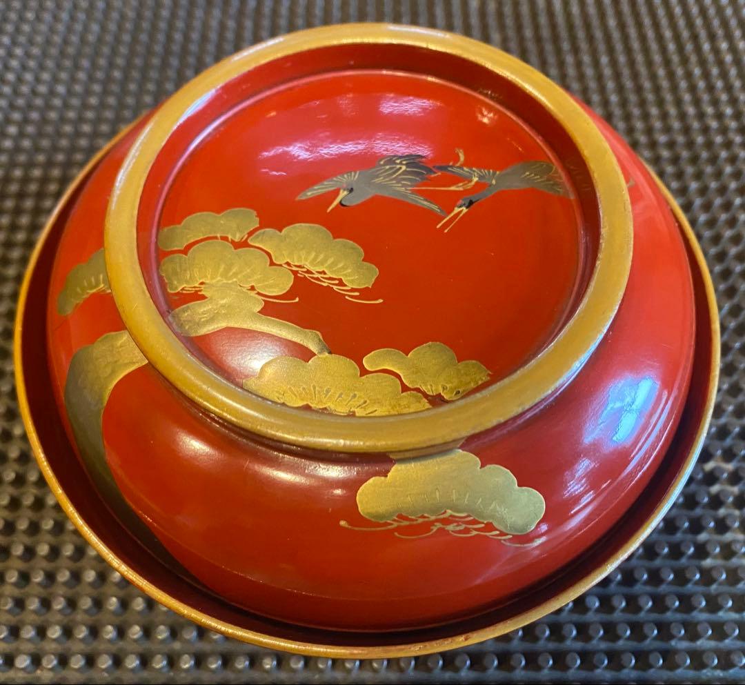 明治期　山中漆器　蒔絵鶴松　箱付5客 古和紙・和歌季語集付き ヴィンテージレア