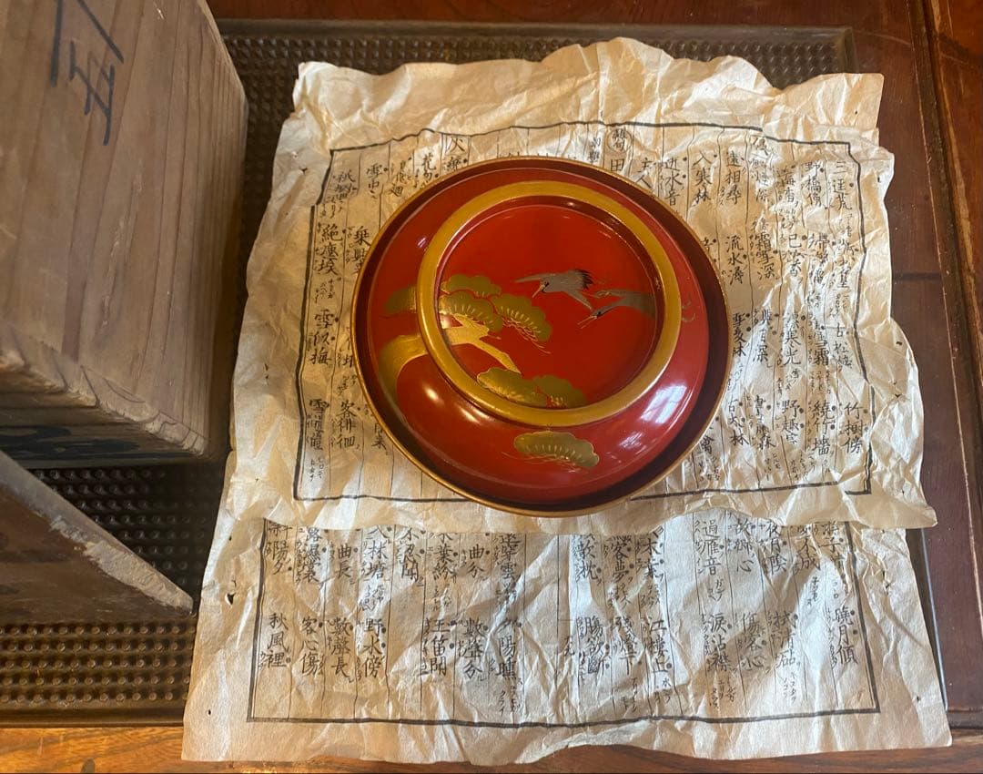 明治期　山中漆器　蒔絵鶴松　箱付5客 古和紙・和歌季語集付き ヴィンテージレア