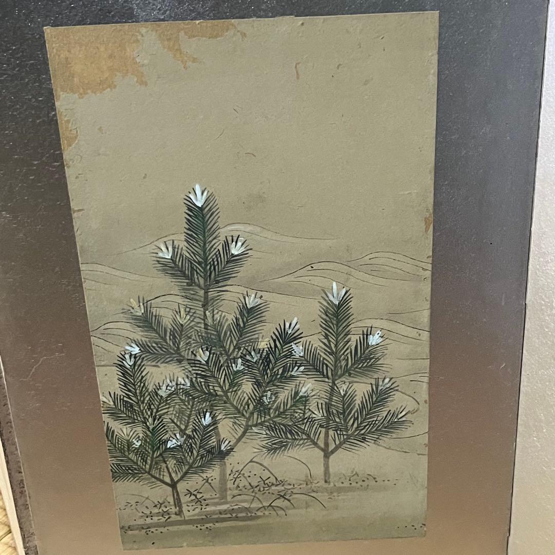 小型屏風/鶴と松/手描き屏風/6曲1双