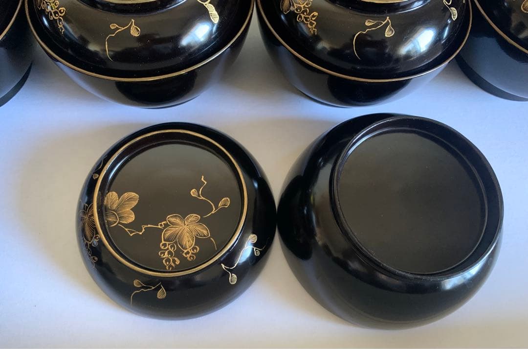 輪島塗　沈金　華の絵　天然木　お碗　蓋付　10客セット　漆器