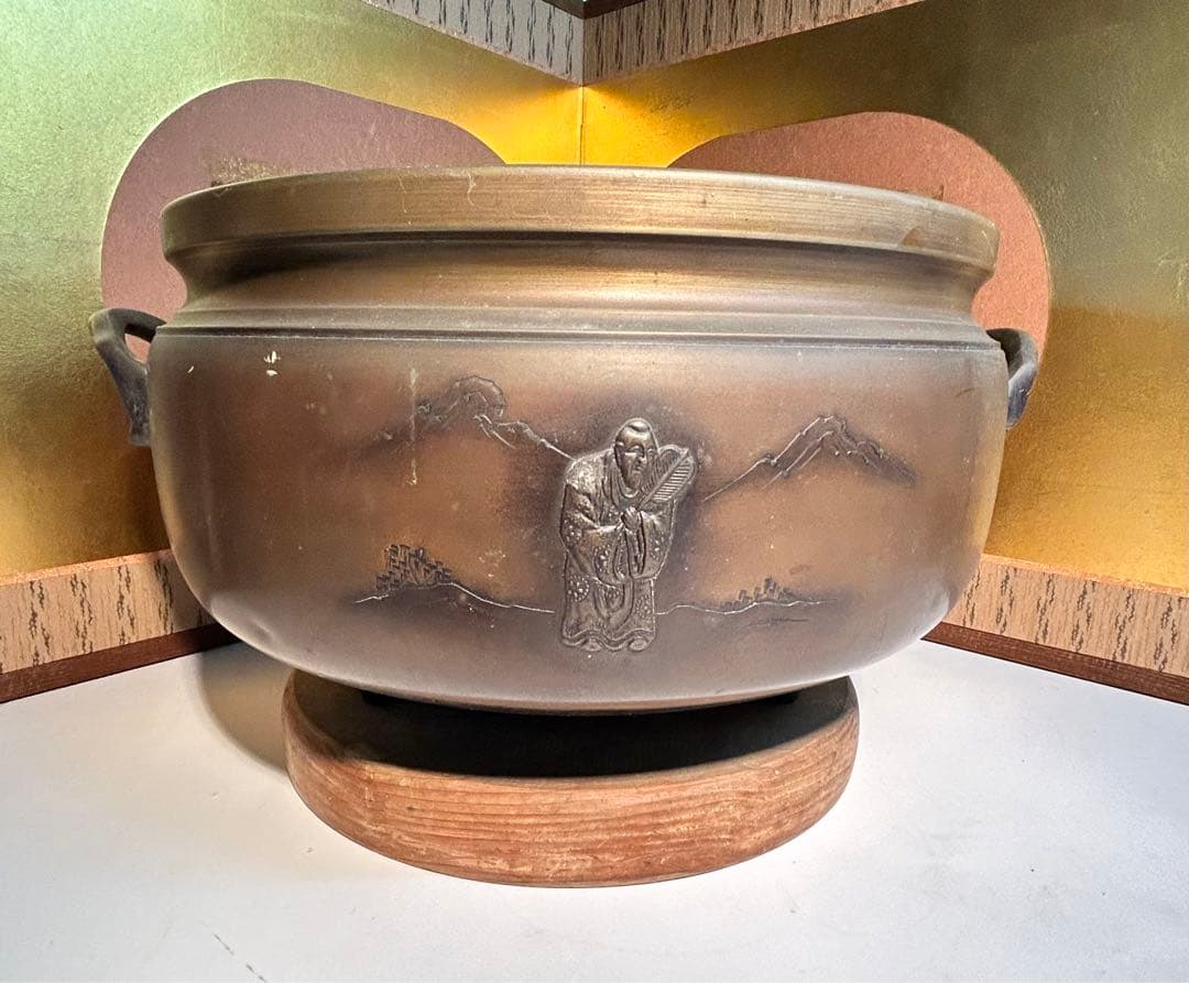 真鍮？火鉢　火鉢　アンティーク　木製台付