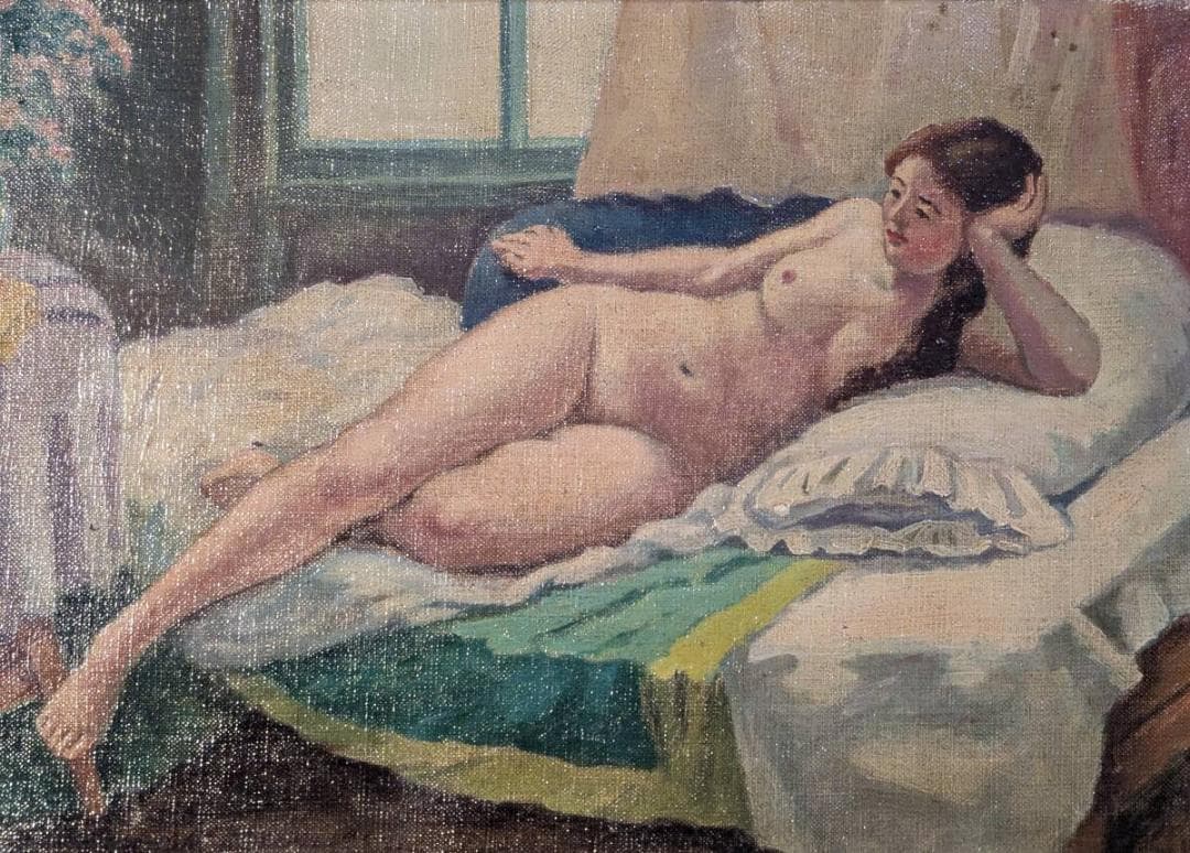 【真作】絵画　油彩4号　リクライニング・ヌード　ベッドに憩う女性像　X125