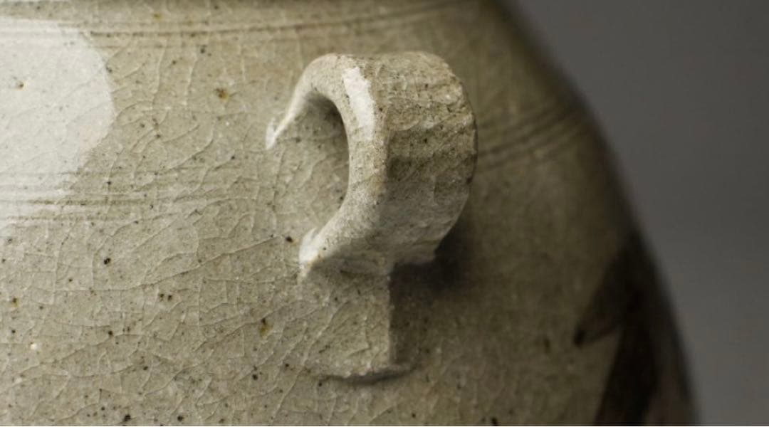 十三代中里太郎右衛門(逢庵)作 叩き絵唐津 耳付竹文壷 21㎝ 平成七年 共箱