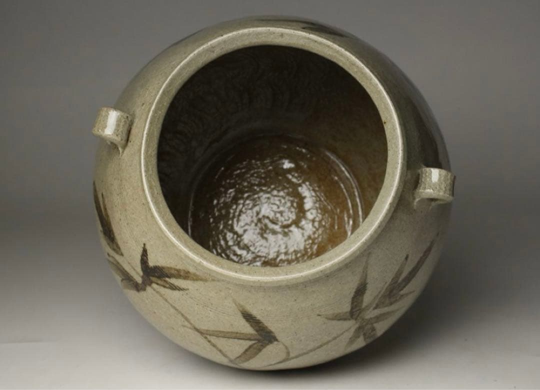 十三代中里太郎右衛門(逢庵)作 叩き絵唐津 耳付竹文壷 21㎝ 平成七年 共箱