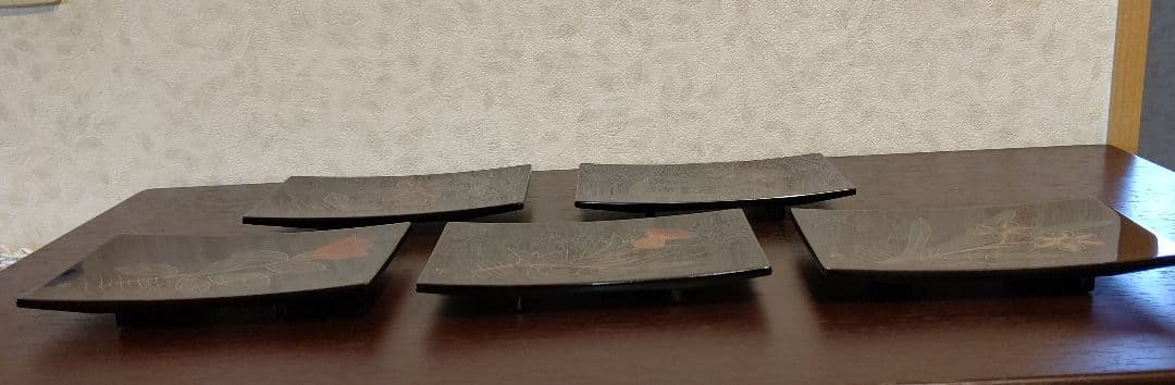 象嵌 絵変 銘々皿 5客 角野岩次 沈金 四角 黒 脚付き