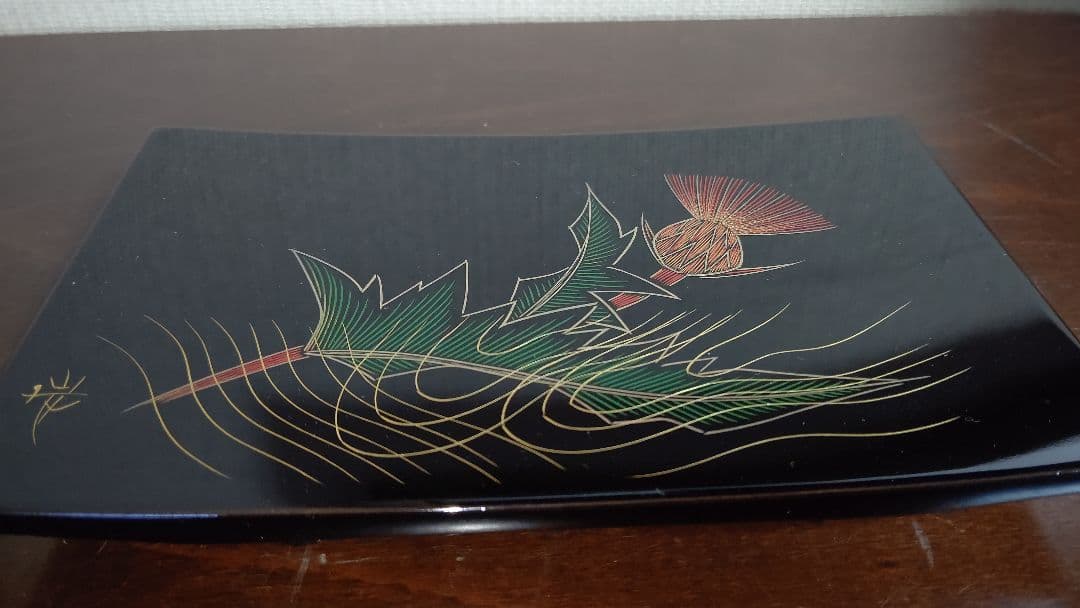 象嵌 絵変 銘々皿 5客 角野岩次 沈金 四角 黒 脚付き