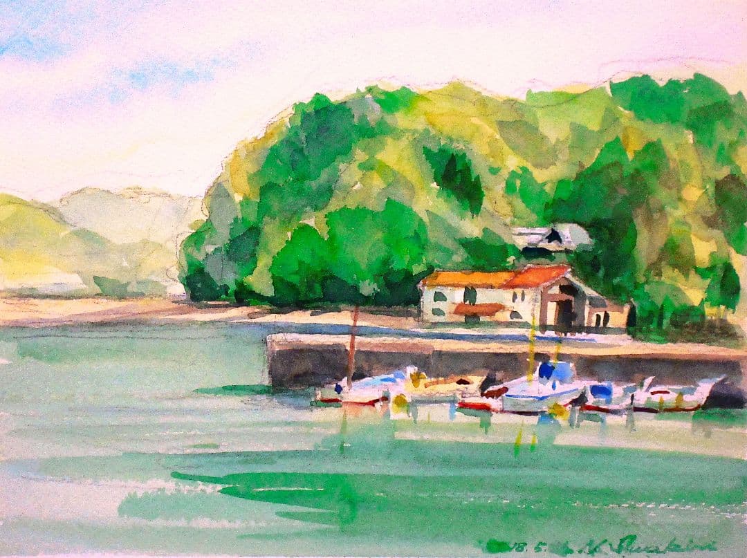 港の風景 水彩画 額装済み 原画 F6サイズ