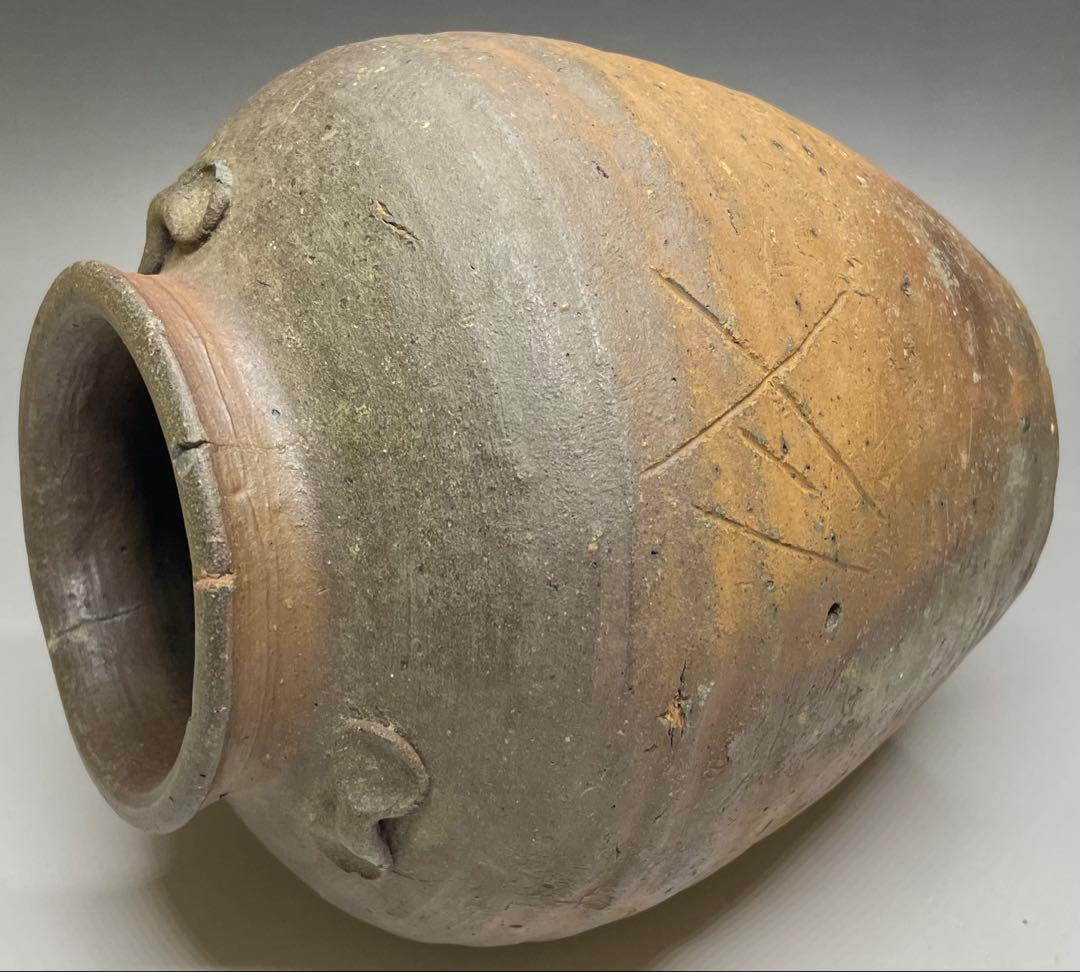 古備前　室町〜桃山時代　三耳壺　種壺　窯印有　箱付(四方桟盛蓋) 　y312