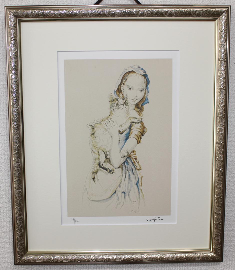 藤田嗣治 エスタンプリトグラフ「猫を抱く少女」 39/100
