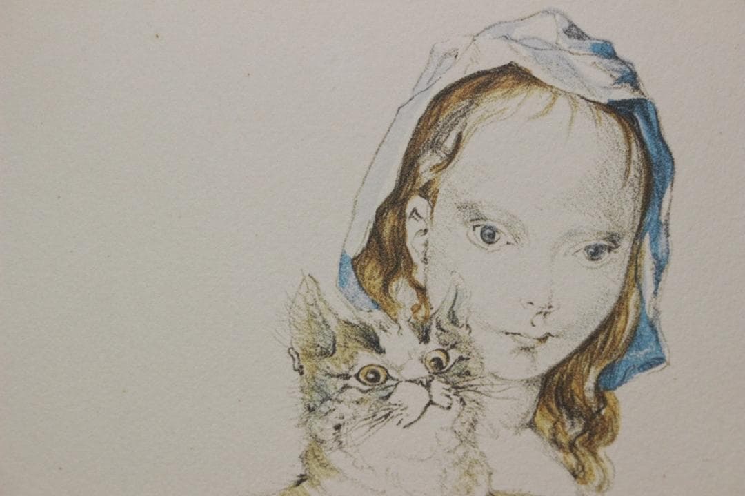 藤田嗣治 エスタンプリトグラフ「猫を抱く少女」 39/100