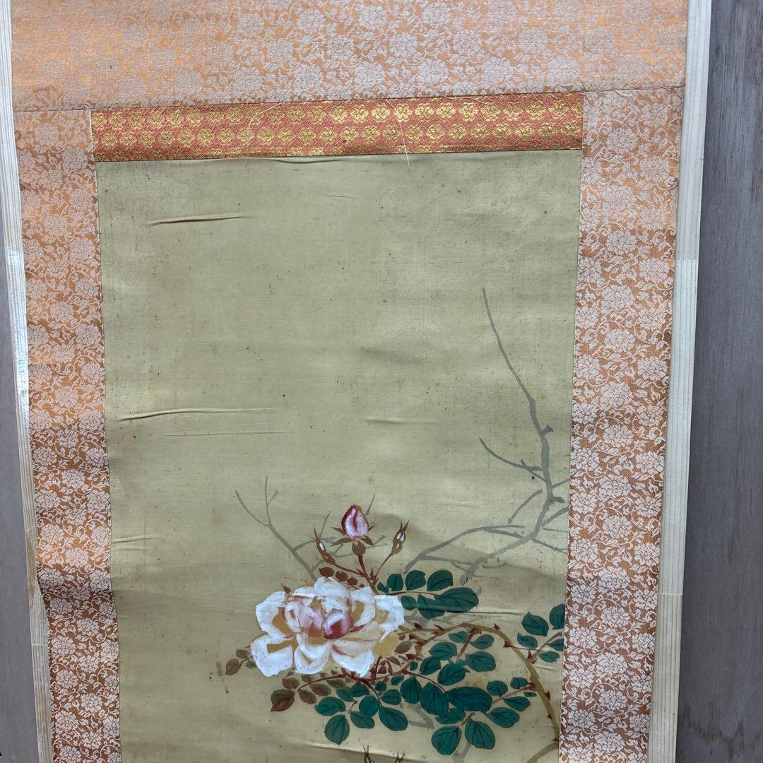 鶏と花の日本画掛軸　　0121o78