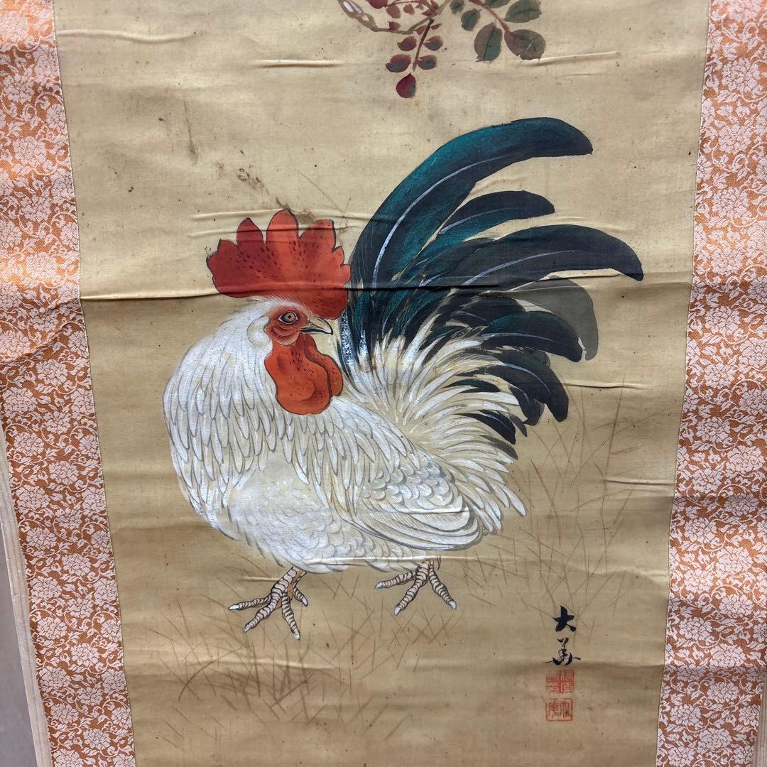 鶏と花の日本画掛軸　　0121o78