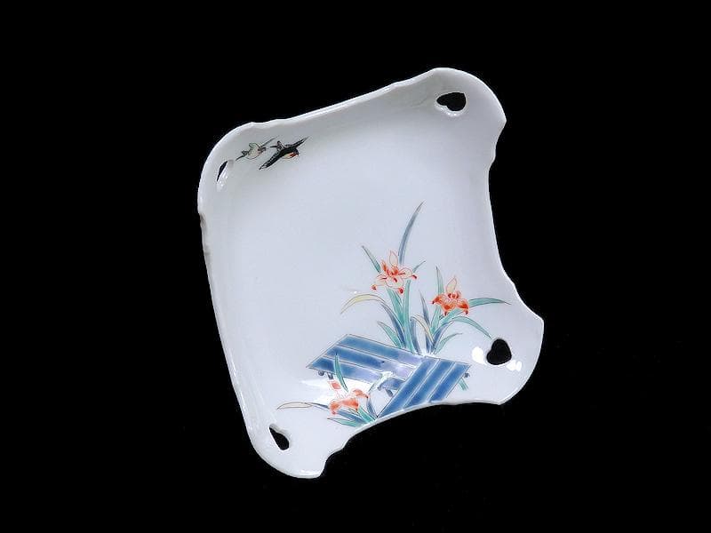 大聖寺伊万里　柿右衛門写　鳥に燕子花の図　四方皿　C669AS-BQh