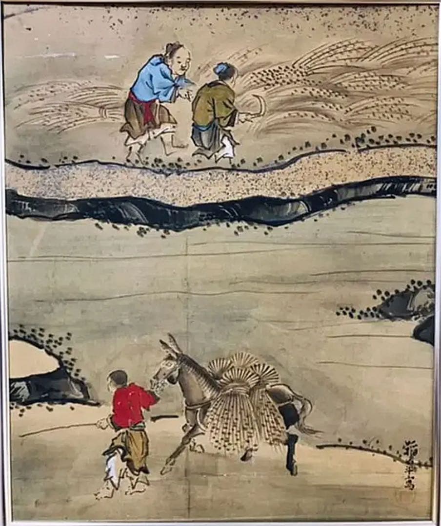 黒田稲皐『農耕図』日本画 和紙 まくり 原画 約10号 真作保証 1点物