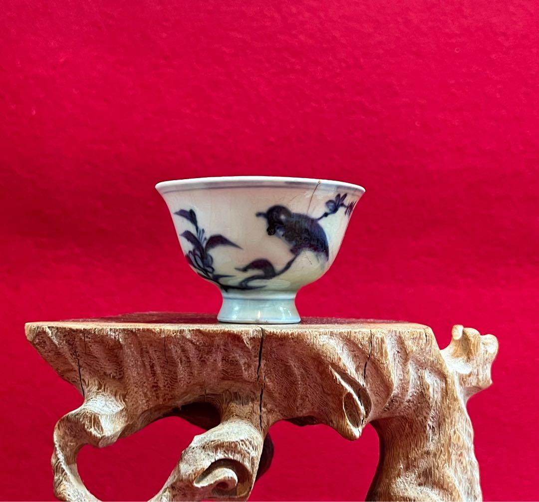 中国美術 古玩 成化年製 青花 花鳥蝶々紋樣 茶器 茶道具 古道具