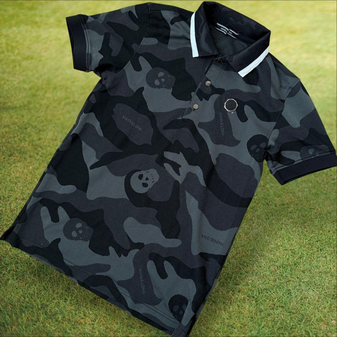 マークアンドロナ　ポロシャツ　黒　迷彩　総柄　グレー　S 美品　マーク&ロナ