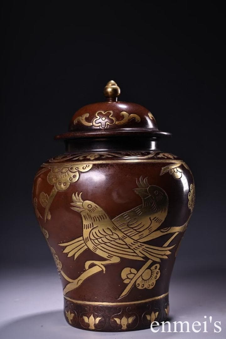 中国古美術・旧蔵鎏金の将軍罐・純手作り・純紫銅製・高浮彫・案頭・文房具・禮品