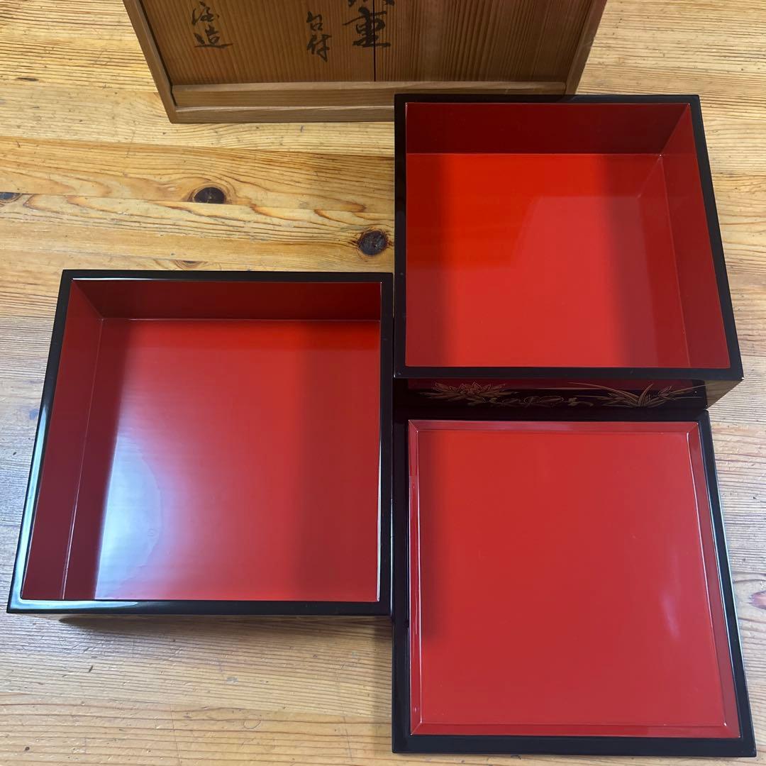 希少　輪島塗　輪島屋　高級漆器　沈金　二段重　金彩蒔絵　台付　伝統工芸　天然木
