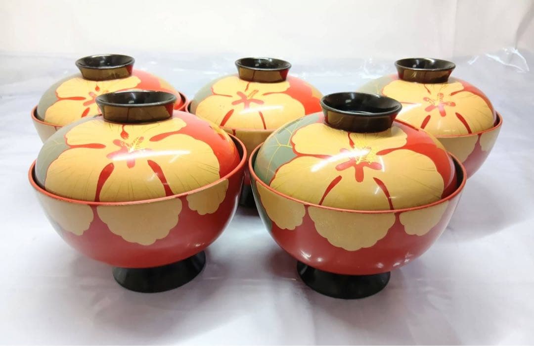 骨董 能登輪島塗 朱漆内黒 芙蓉花蒔絵 お椀 5客 レトロ アンティーク