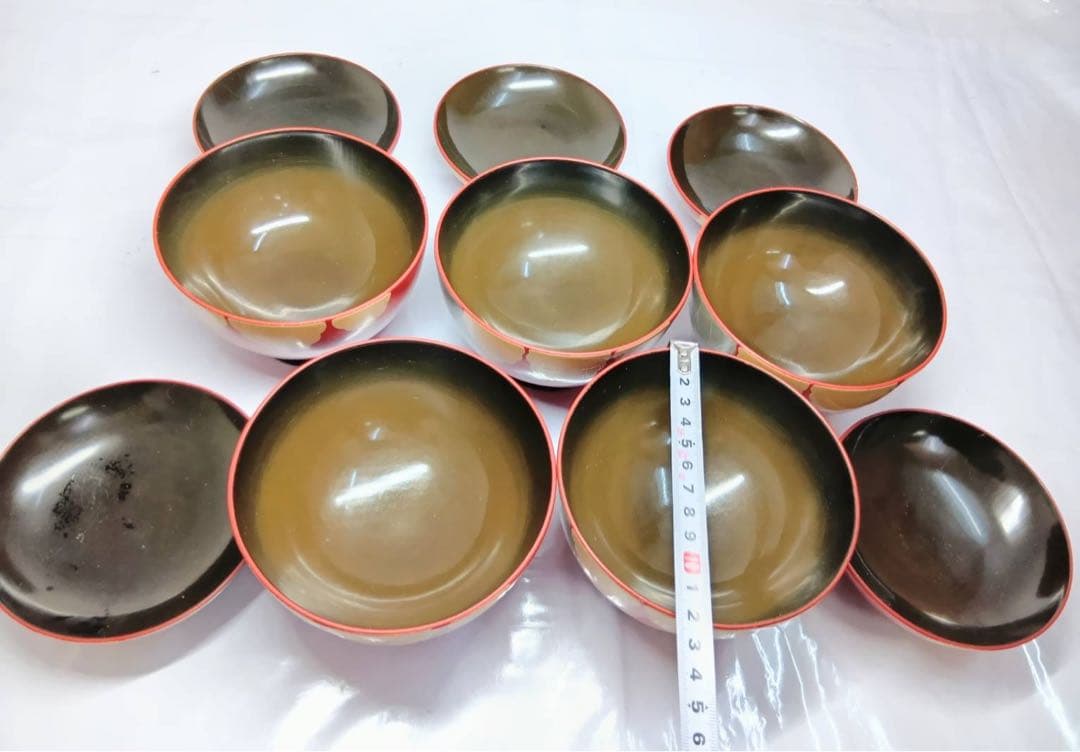 骨董 能登輪島塗 朱漆内黒 芙蓉花蒔絵 お椀 5客 レトロ アンティーク