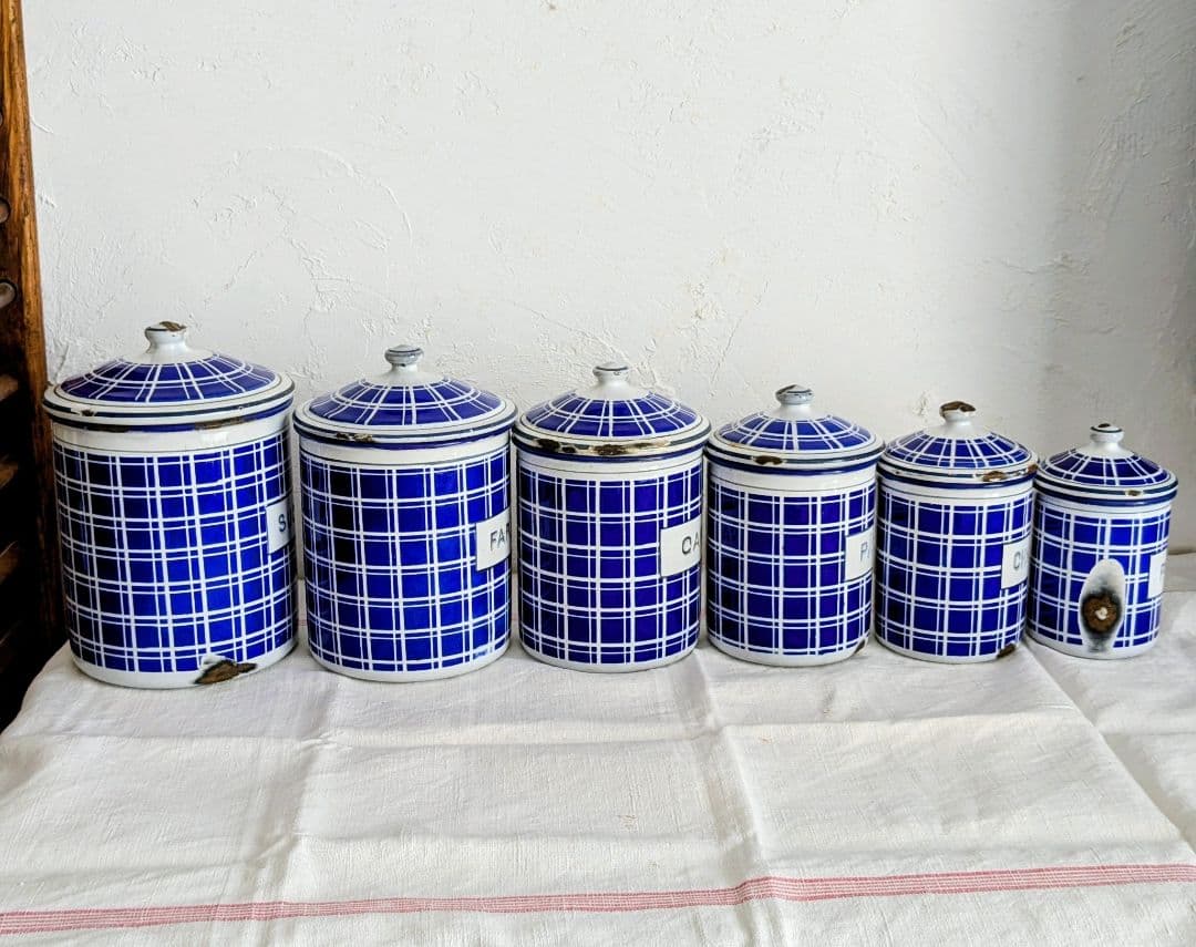 フランス BB社 ホーロー キャニスター フルセット青と白のチェック柄