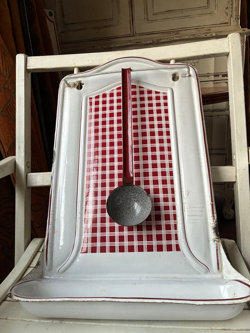 フランス　アンティーク　ホーロー　レードルラック　BB社　チェック　レードル付き