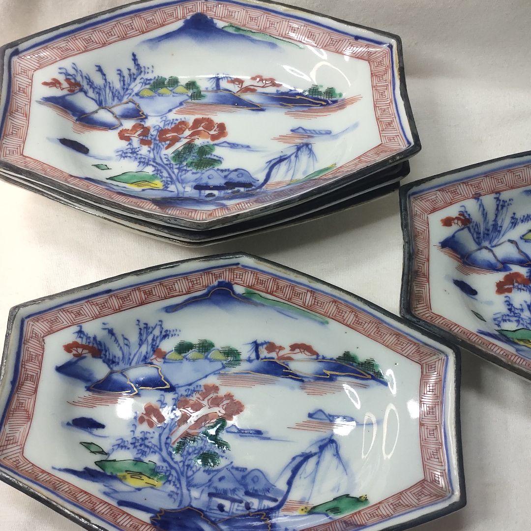 九谷焼六角皿 明治期 色絵 染付山水図 手描き陶芸品 旧家蔵出 アンティーク