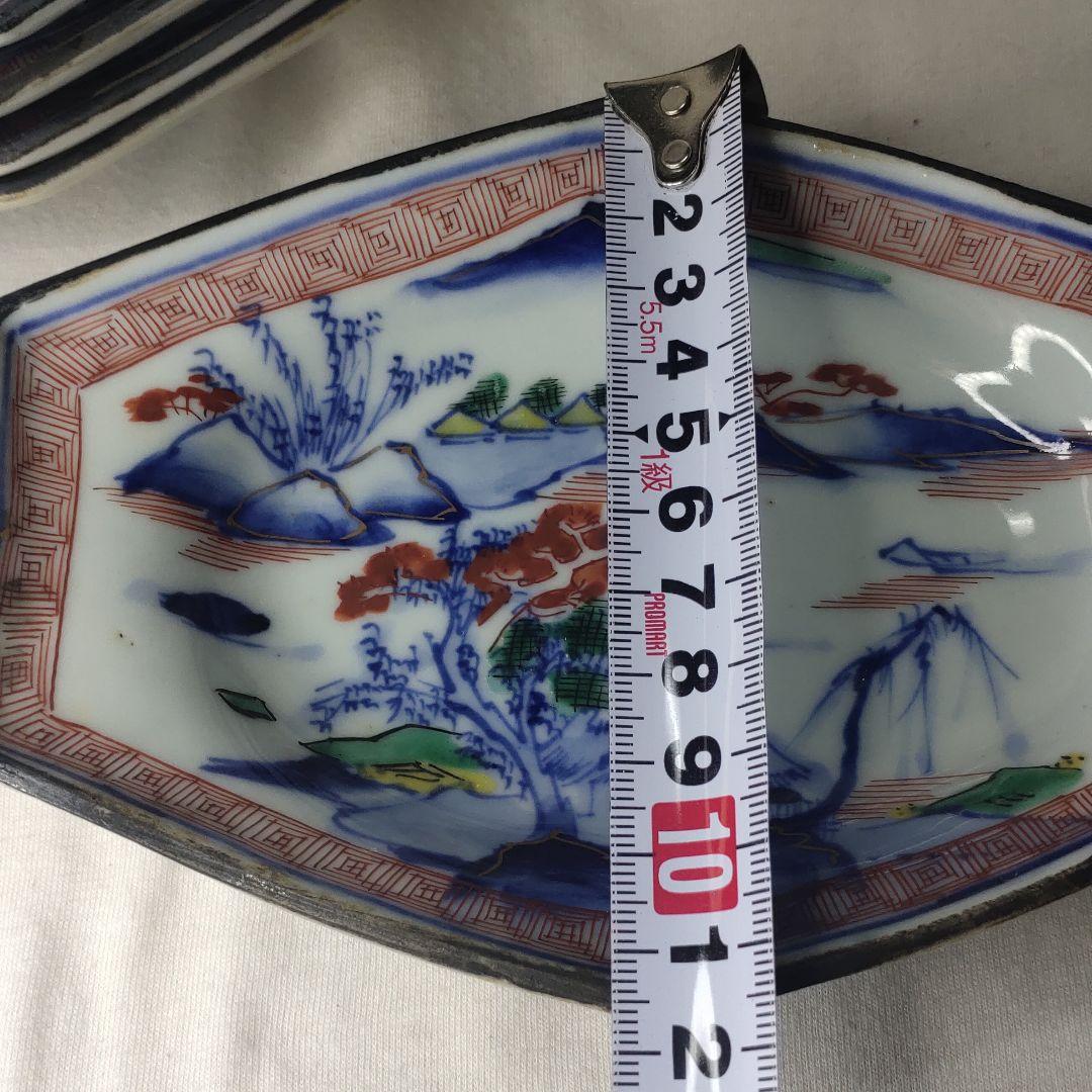 九谷焼六角皿 明治期 色絵 染付山水図 手描き陶芸品 旧家蔵出 アンティーク
