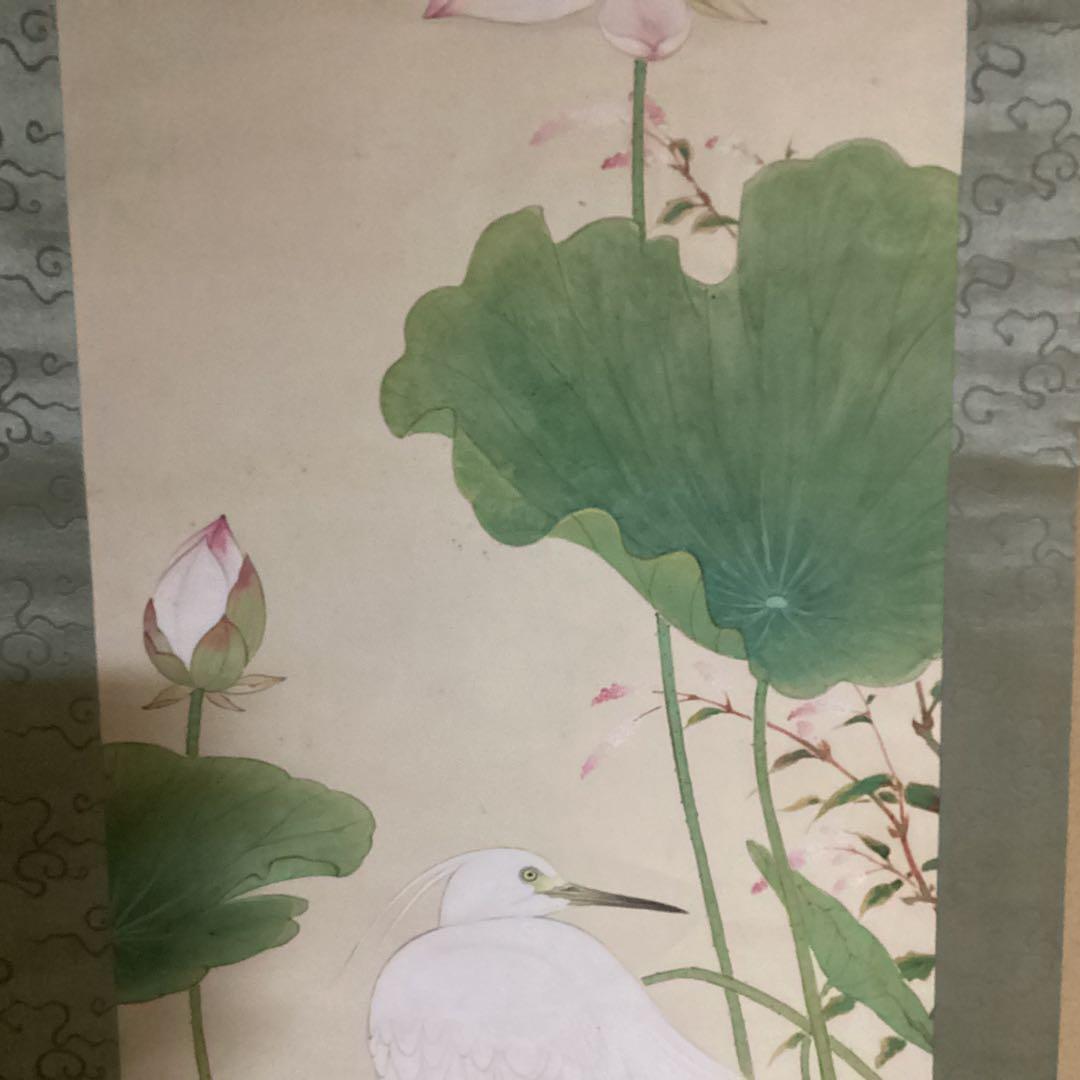 O-13. 蓮下の鷺　　白鷺と蓮の花 掛軸　尚文作