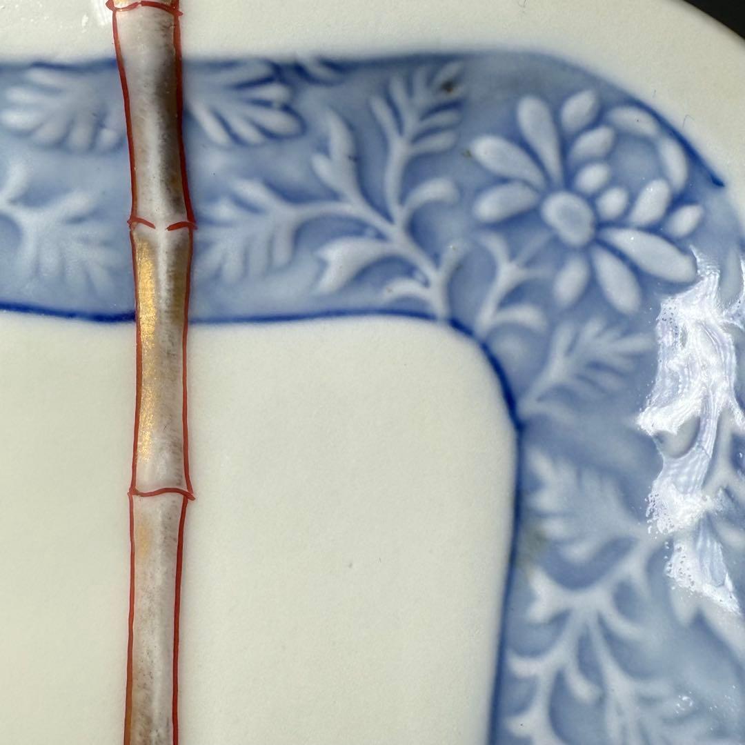 明治時代　有田焼　岩松平吾　色絵軍配形皿　五枚　角岩印　陽刻　珍品　残り僅か