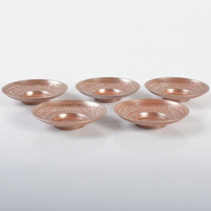 煎茶道具　吉村志扛造　純錫赤漆円式　托子　茶托　五客　共箱　M　R4708