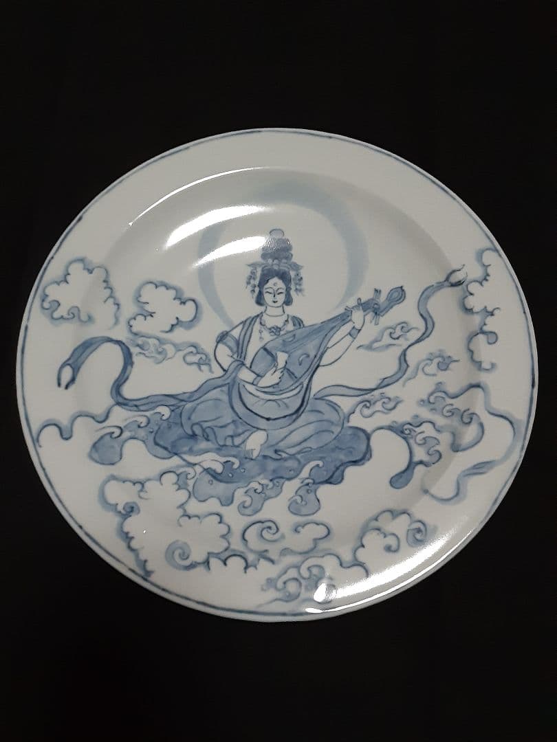 美濃古染付 弁財天図 大皿 草の頭窯 青山禮三