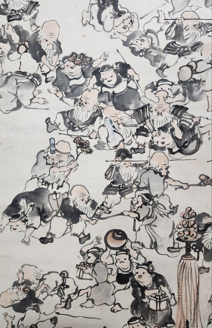 【寿老百福戯図】皐月鶴年 723 寉年 鶴翁 祝時 掛け軸　お多福　肉筆