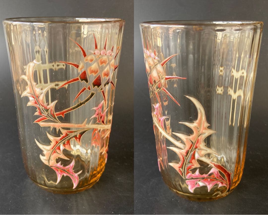 エミール・ガレ　初期　薊とロレーヌ十字文グラス　タンブラー　エナメル彩　アザミ
