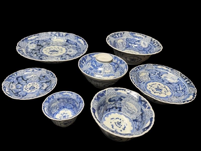 時代 古伊万里 染付 雲龍 宝珠 七通組 113客 無傷 文化十四年 江戸期