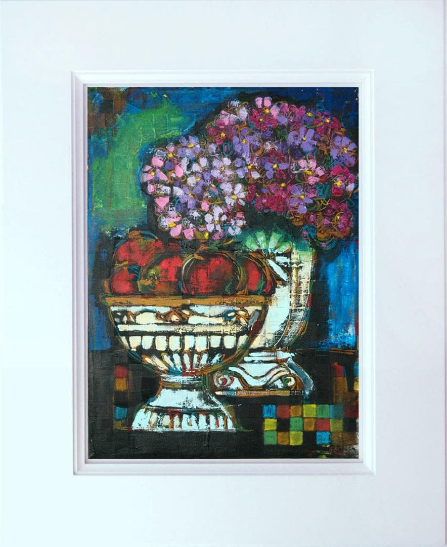 油絵 菅家令子 絵 絵画インテリア額付(青緑＋金色の枠)uF6-063504花器