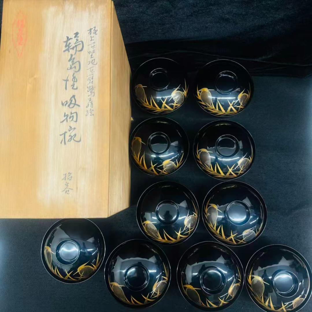 希有　美品　輪島塗　木製漆器 鷺蒔絵 吸物椀 十客12cm お正月