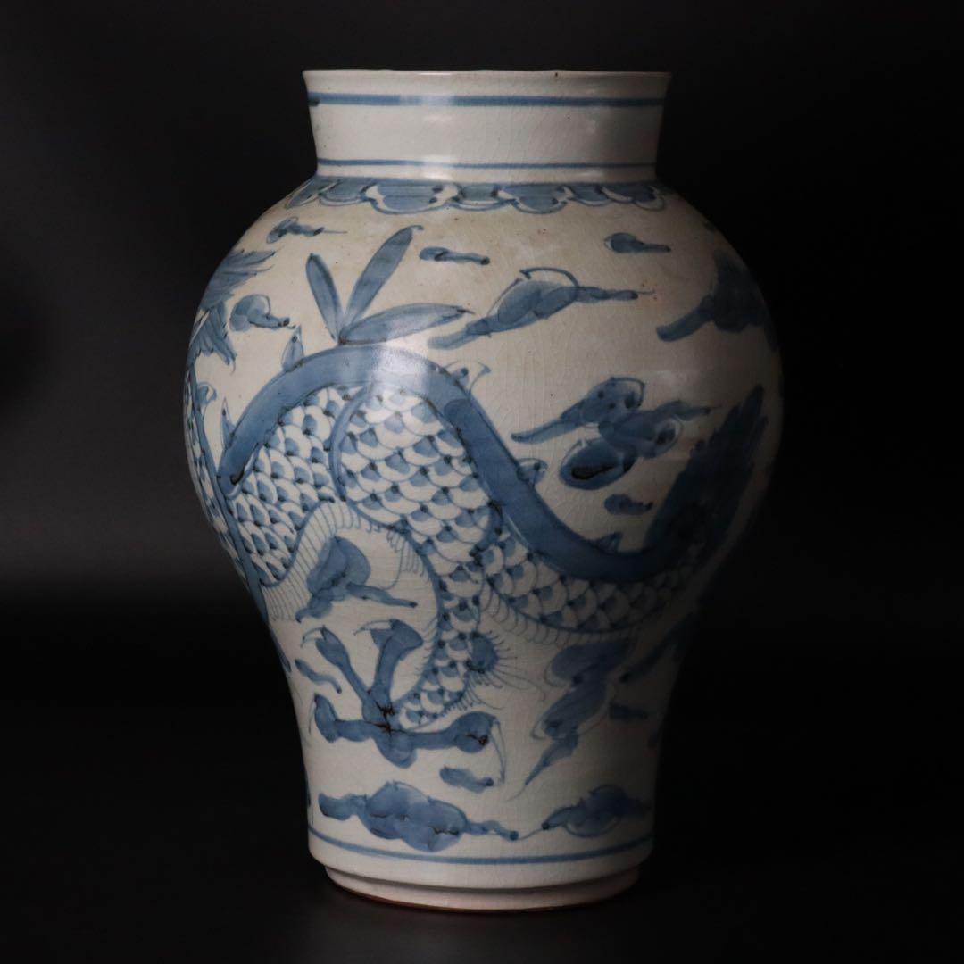 李朝時代 染付雲龍図花入 高：32cm 朝鮮古陶 唐物骨董