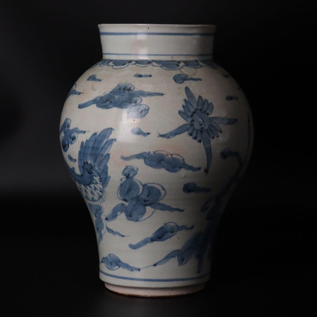 李朝時代 染付雲龍図花入 高：32cm 朝鮮古陶 唐物骨董