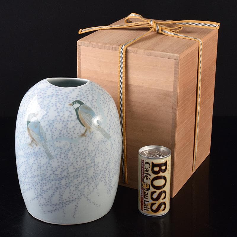 益子焼　室町勝廣作　彩象嵌　野鳥文　扁壷　共箱　M　R7930B