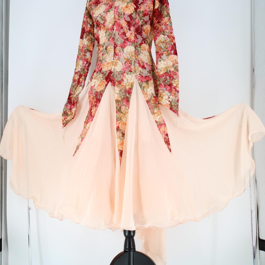 【社交ダンス衣装】ピンク パープル ワンピース ドレス レース チョーカー 花柄