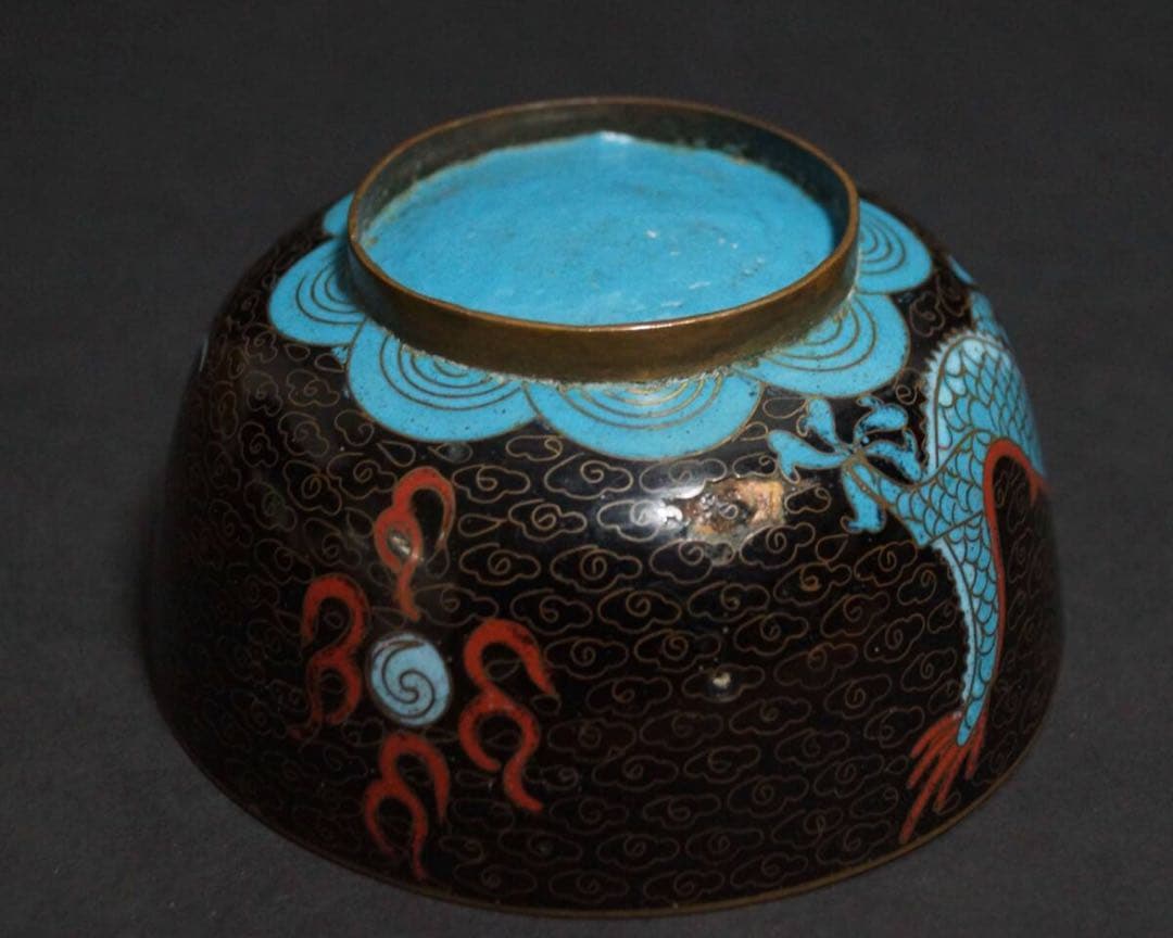 明治期 銅製 七宝焼 金彩色絵『龍戯珠文』茶碗 抹茶碗 茶道具☆時代物☆