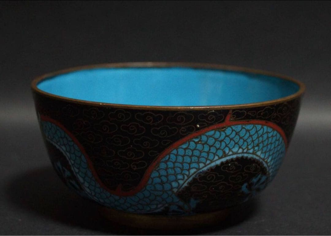 明治期 銅製 七宝焼 金彩色絵『龍戯珠文』茶碗 抹茶碗 茶道具☆時代物☆