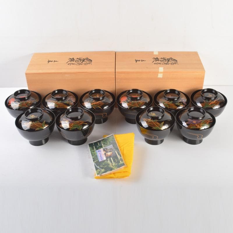 輪島塗　五島屋謹製　煮物碗・吸物碗・皿・茶托・盆　共箱　全41点　F　6292A