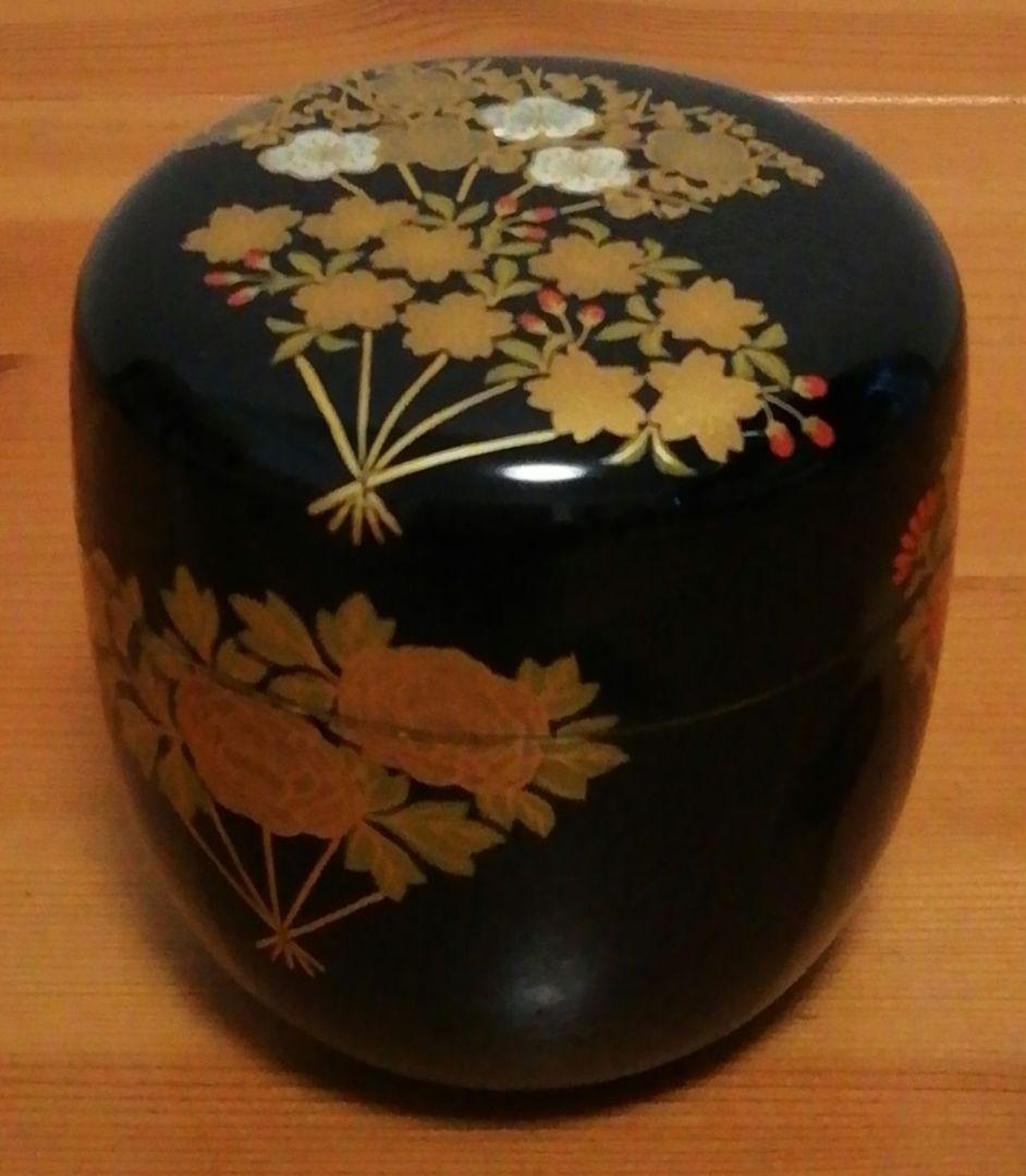 一心斎作　花扇　蒔絵　乾漆　棗　共箱　茶道具